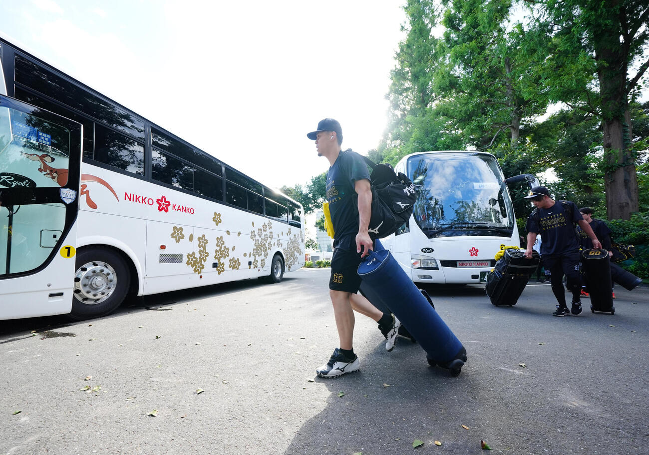 ヤクルト対阪神　試合前、練習場入りする阪神佐藤輝明（撮影・江口和貴）