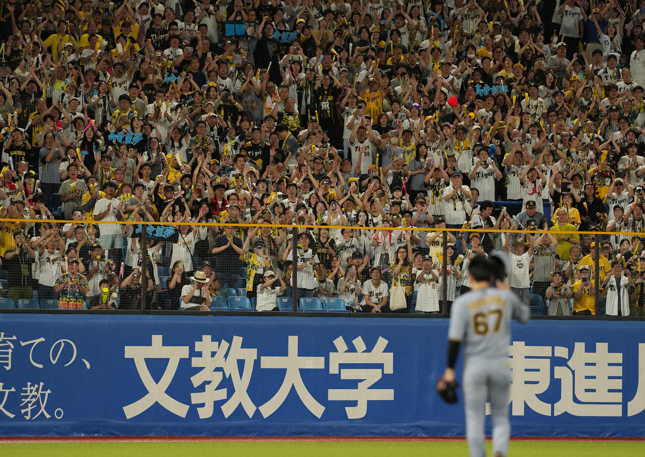 ヤクルト対阪神　11回表に2点本塁打を放った阪神高寺望夢に声援を送るファン（撮影・たえ見朱実）