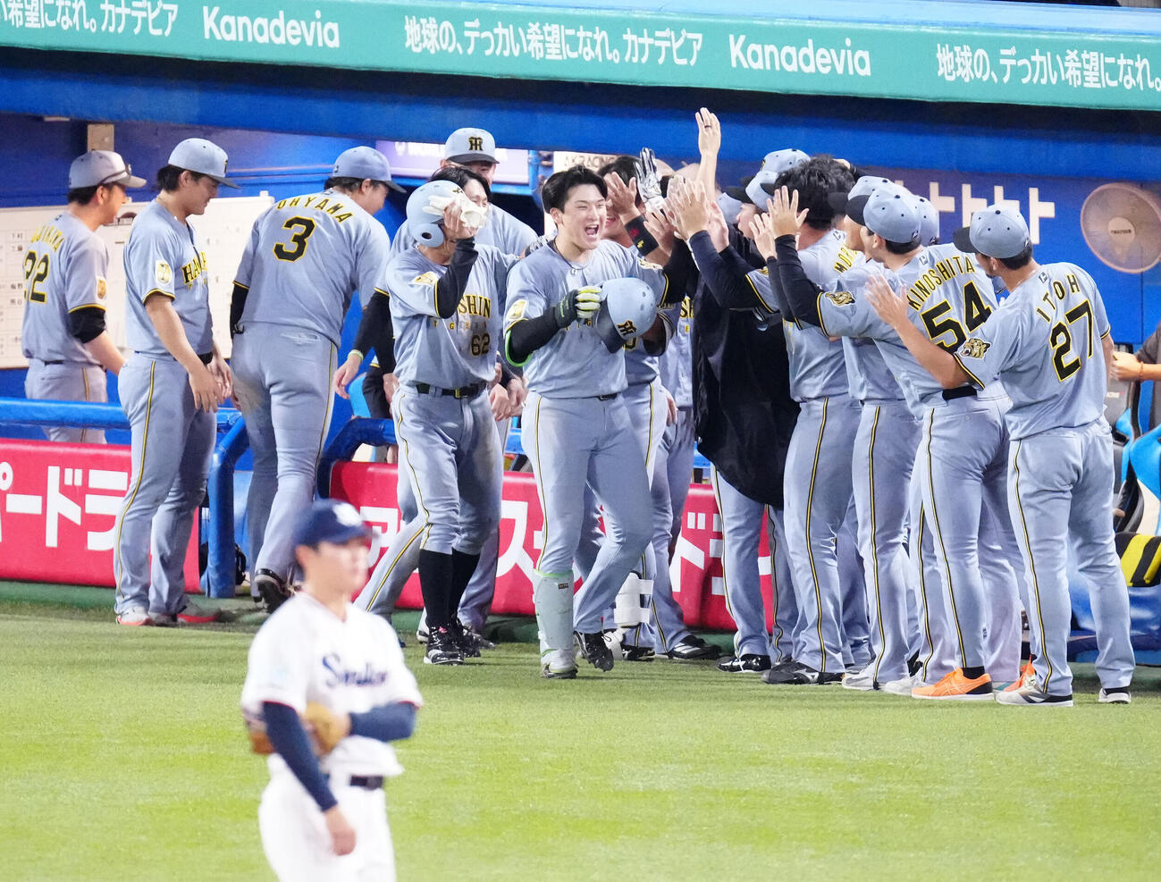 ヤクルト対阪神　11回表阪神無死一塁、2点本塁打を放ち、タッチを交わす高寺望夢（中央）（撮影・江口和貴）