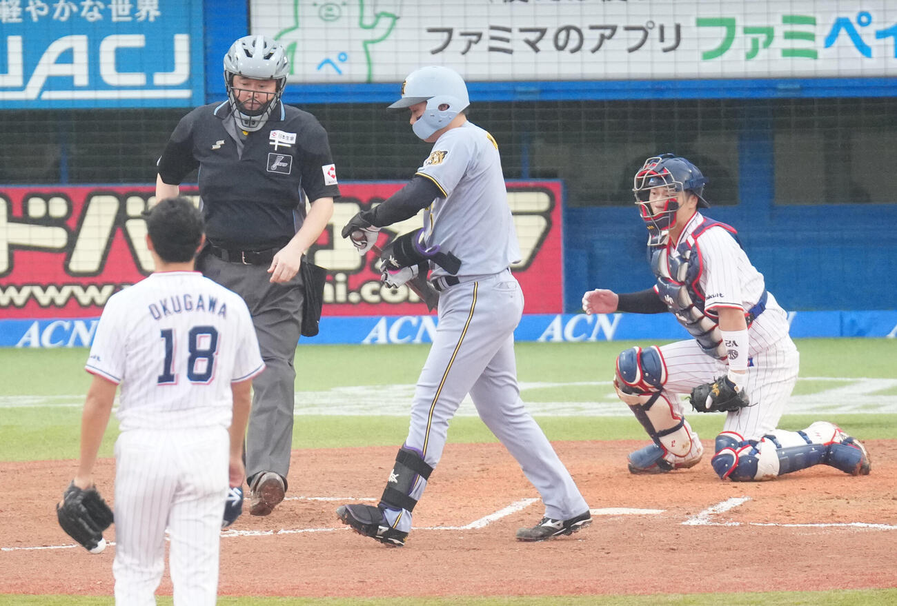 ヤクルト対阪神　6回表阪神無死一塁、死球を受けた森下翔太（撮影・江口和貴）