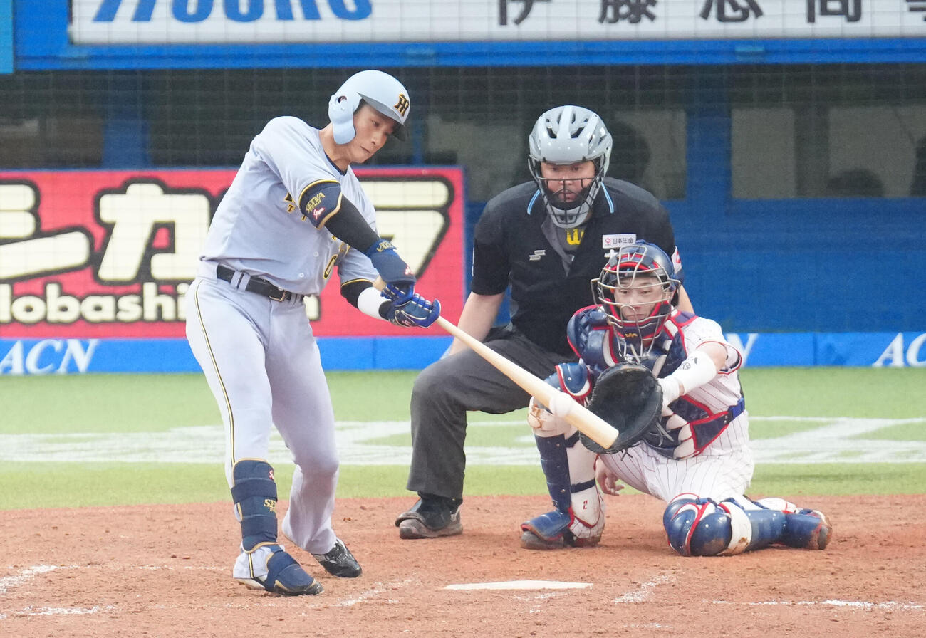 ヤクルト対阪神　7回表阪神2死満塁、2点適時打を放つ代打木浪聖也（撮影・江口和貴）
