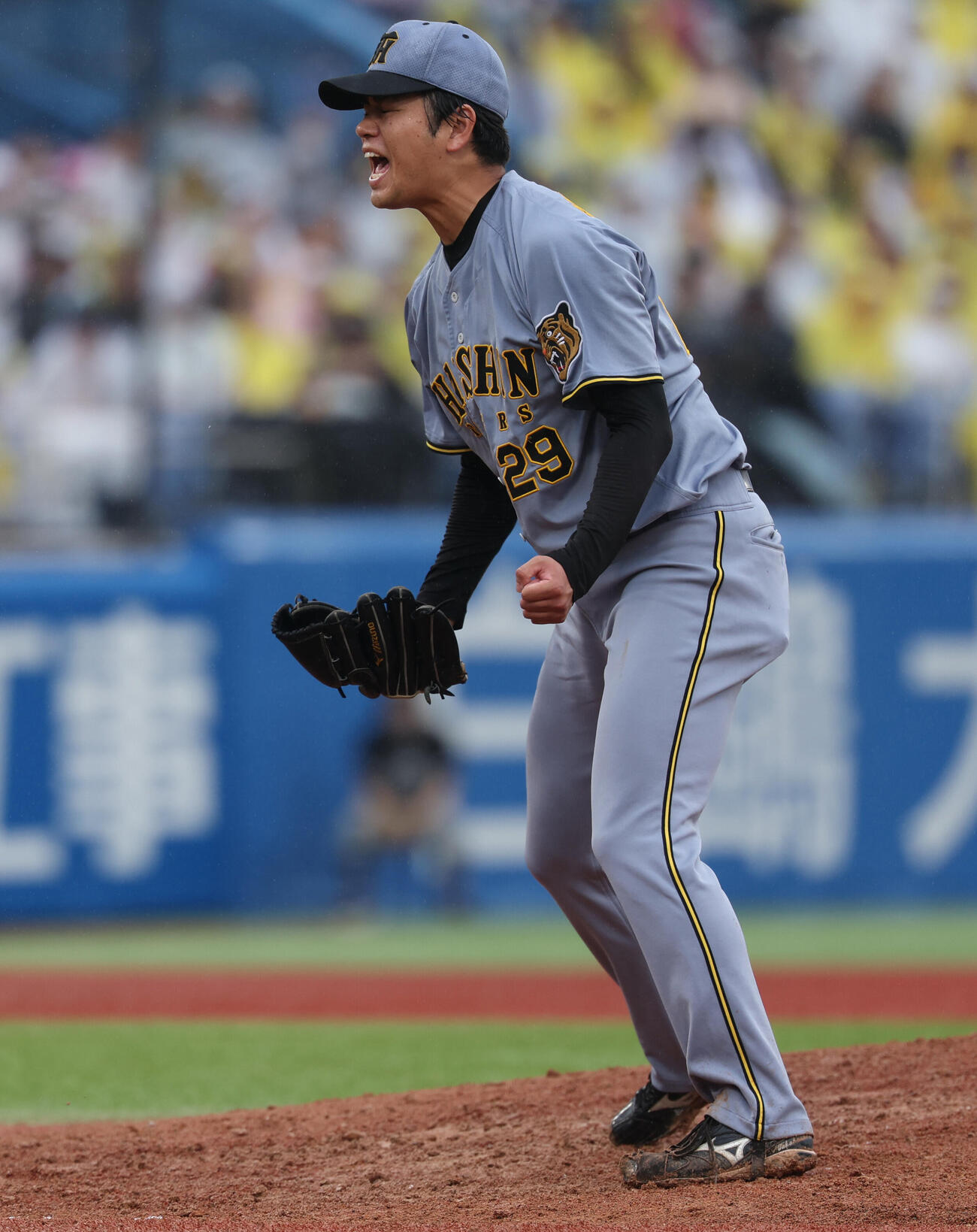 ヤクルト対阪神　4回裏ヤクルト2死二、三塁、岩田幸宏を三振に抑えほえる高橋遥人（撮影・水谷安孝）
