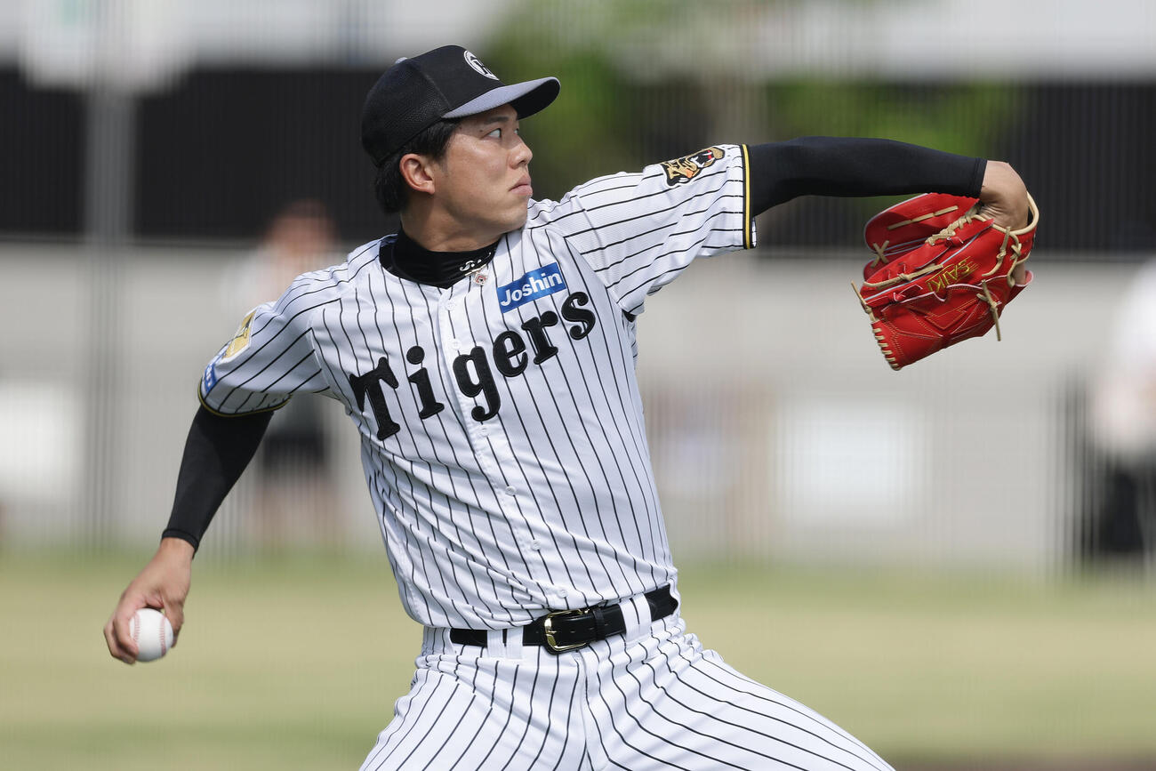 キャッチボールで調整する阪神才木浩人（撮影・前田充）