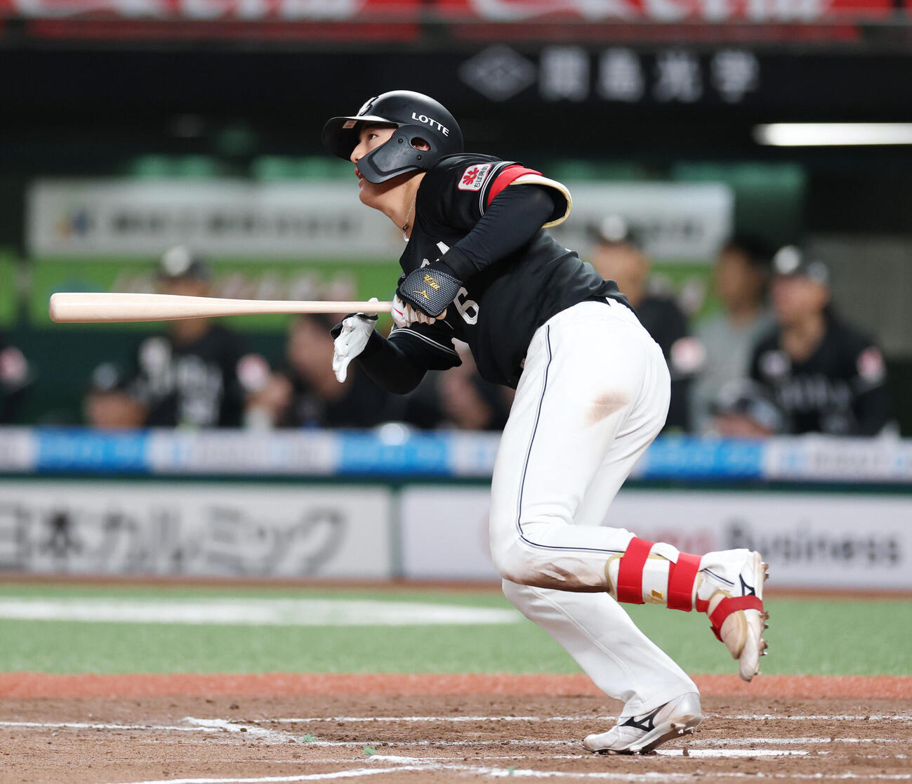 西武対ロッテ　8回表ロッテ2死一、二塁、3点本塁打を放つ西川史礁（撮影・増田悦実）