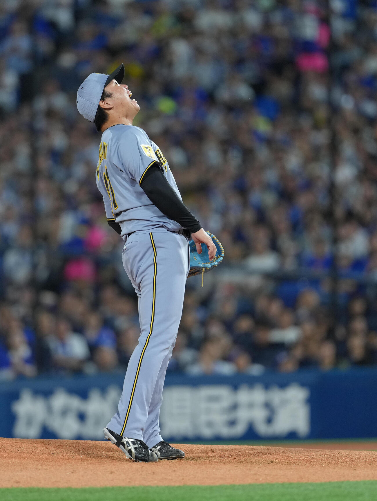 DeNA対阪神　7回裏DeNA2死一塁、度会隆輝を捕邪飛に仕留めを声を上げる村上頌樹（撮影・足立雅史）