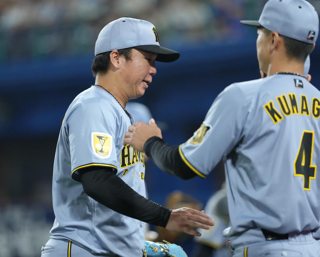 DeNA対阪神　7回裏DeNA2死一塁、度会隆輝を捕邪飛に仕留めた村上頌樹（撮影・足立雅史）