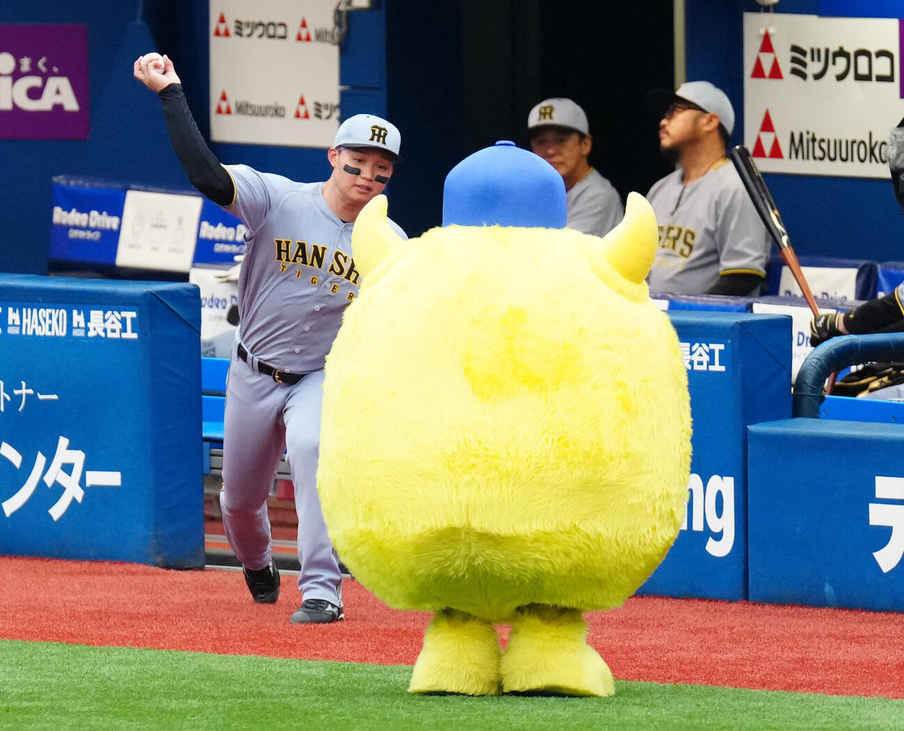 DeNA対阪神　試合前、チャピーと交流する阪神森下翔太（撮影・江口和貴）