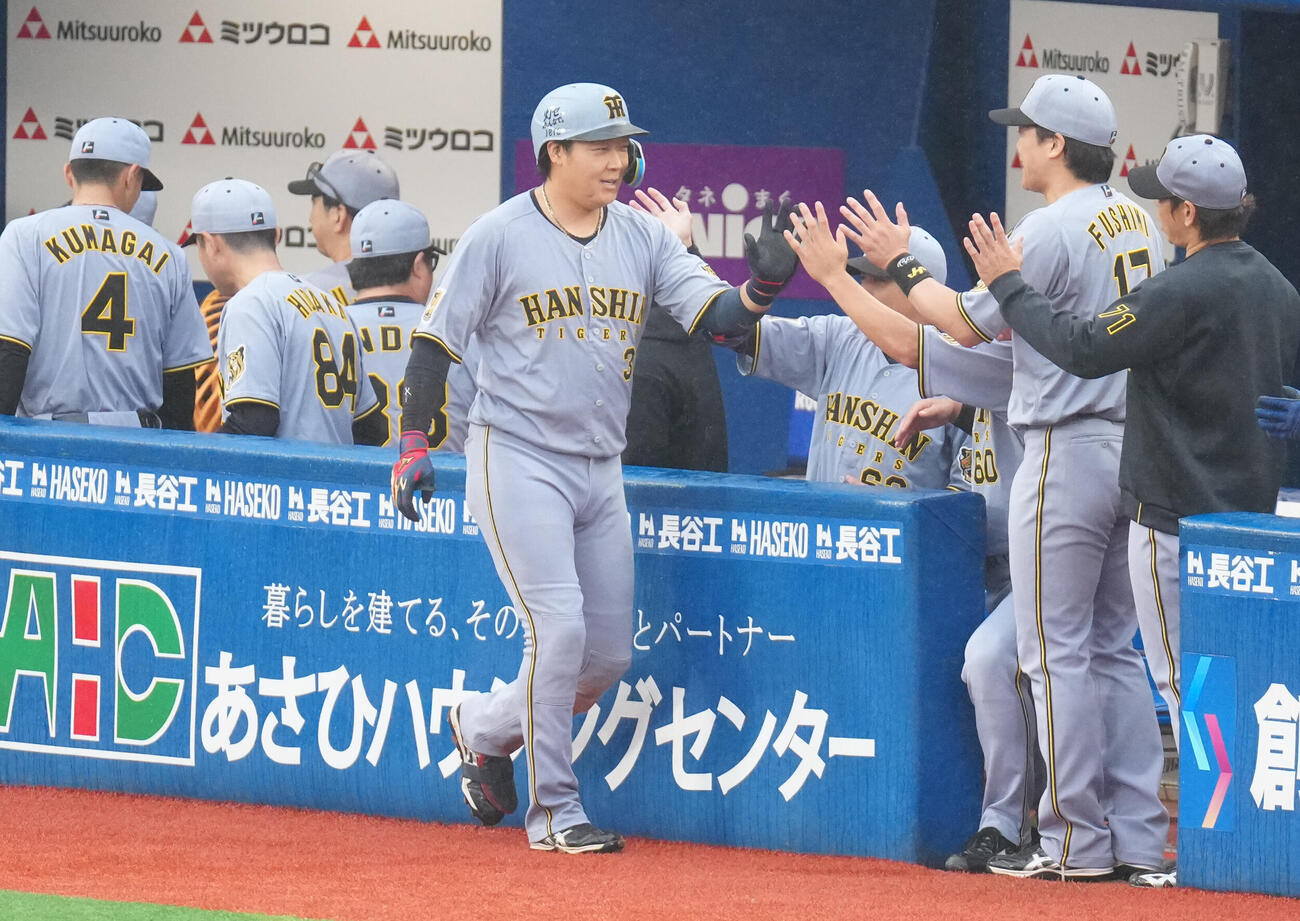 DeNA対阪神　4回表阪神1死、本塁打を放ち、タッチを交わす大山悠輔（中央）（撮影・江口和貴）