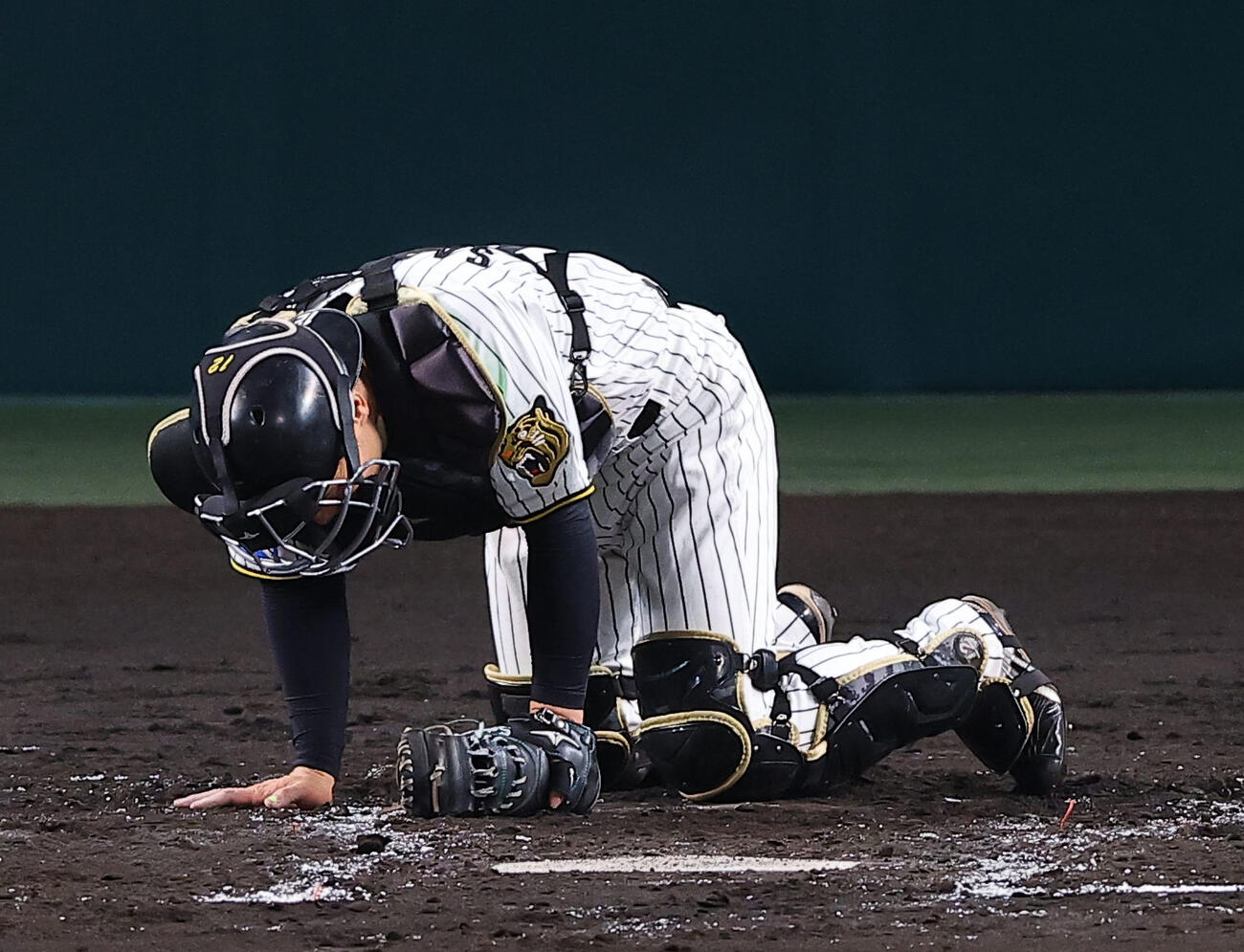 阪神対中日　3回表中日1死一塁、細川成也のファウルの打球が坂本誠志郎の右ヒザに直撃する（撮影・上田博志）＝2026年4月17日、甲子園球場