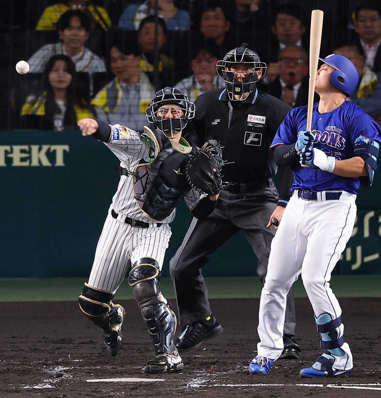 阪神対中日　3回表中日1死一塁、坂本誠志郎は村松開人の二盗を阻止する（撮影・上田博志）＝2026年4月17日、甲子園球場