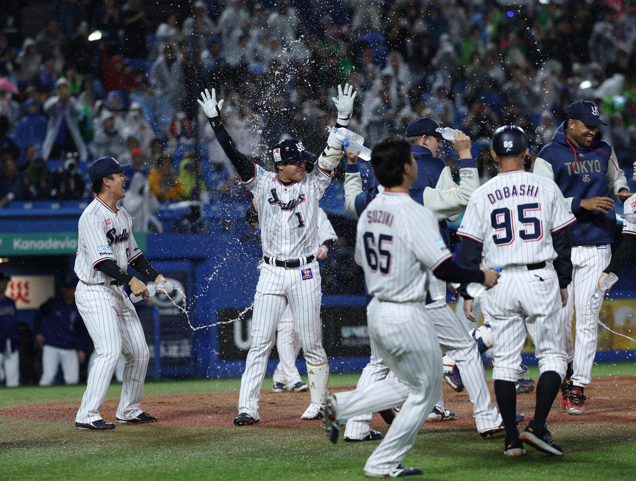 ヤクルト対中日　9回裏ヤクルト1死二塁、サヨナラ2点本塁打を放ち生還した山田哲人は、祝福のウォーターシャワーを浴びる（撮影・水谷安孝）