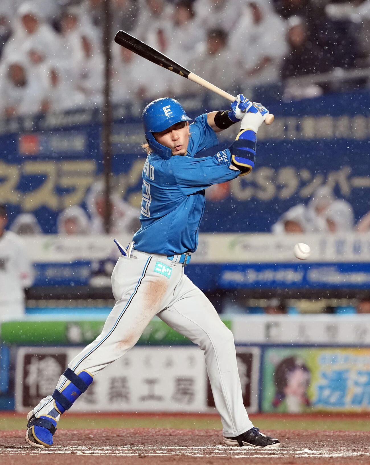 ロッテ対日本ハム　7回表日本ハム2死満塁、死球を受ける水野達稀（撮影・たえ見朱実）