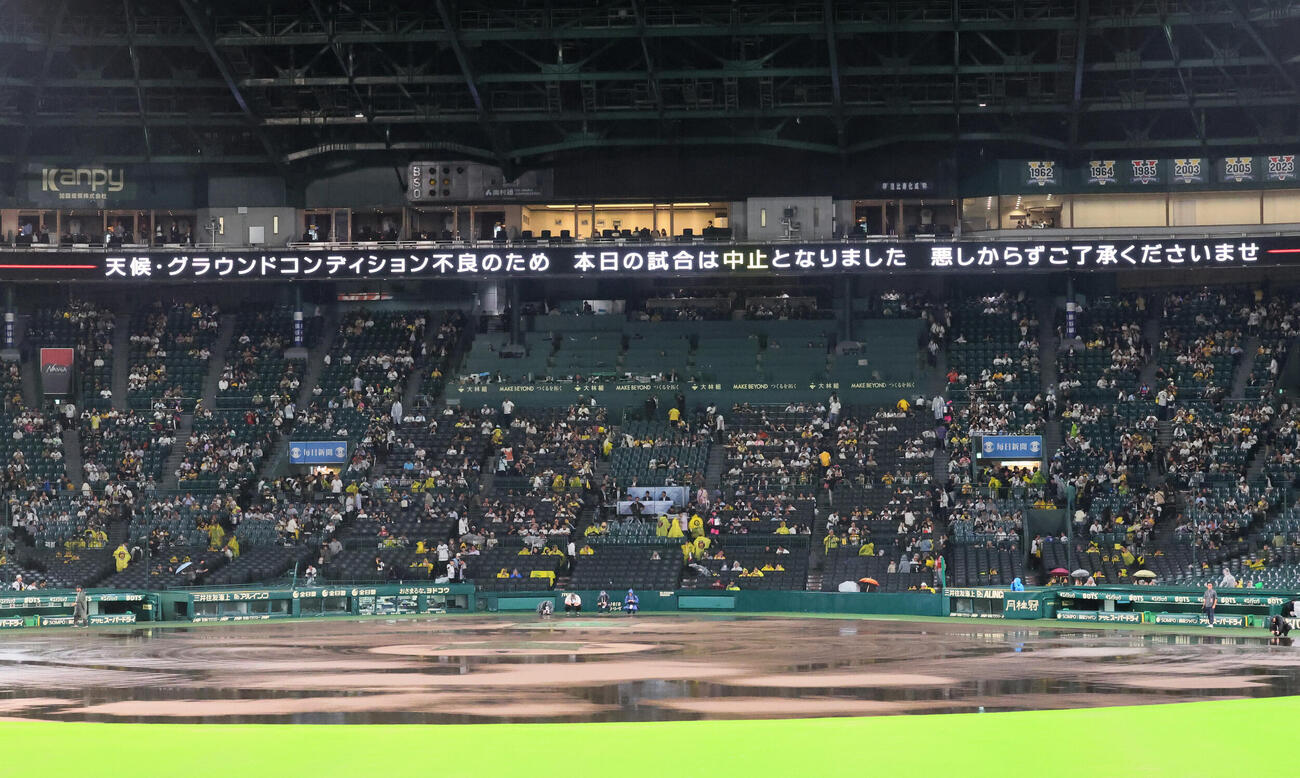 阪神対ヤクルト　降り続く雨とグラウンドコンディション不良により中止が発表された甲子園球場（撮影・加藤哉）