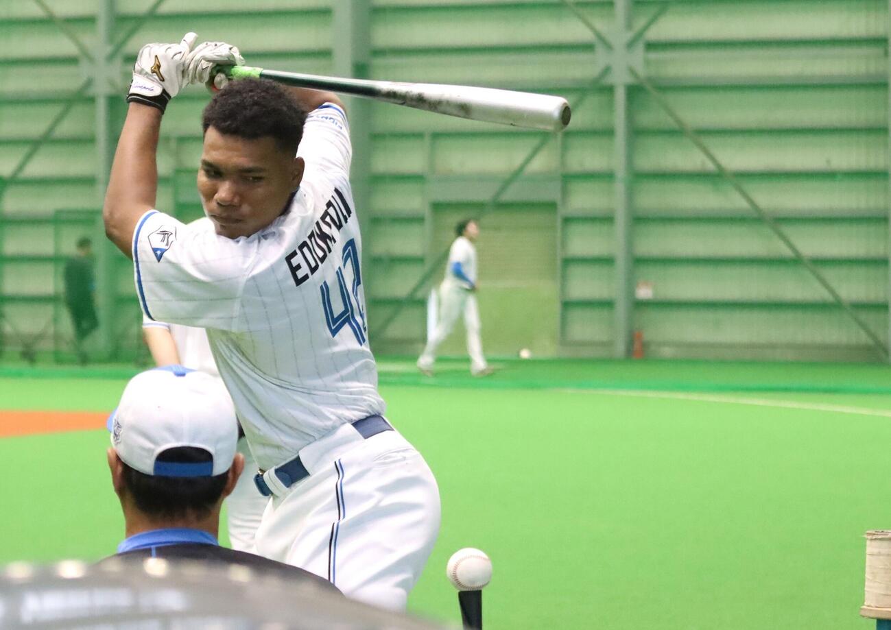 ティー打撃に励む日本ハム・エドポロ