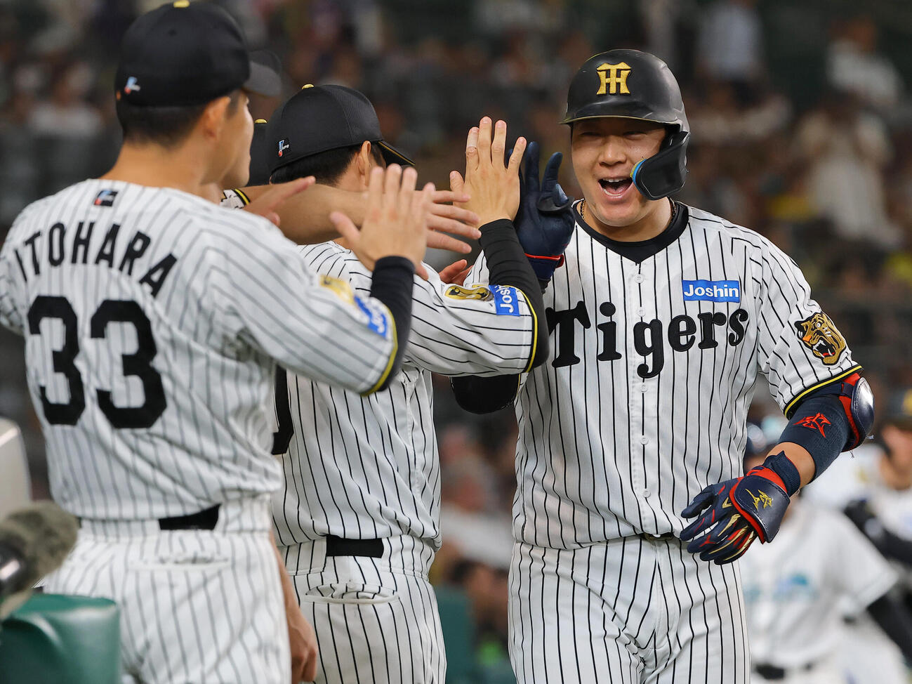 阪神対ヤクルト　2回裏阪神1死、先制本塁打を放った大山悠輔（右）はナインとハイタッチをする（撮影・上田博志）