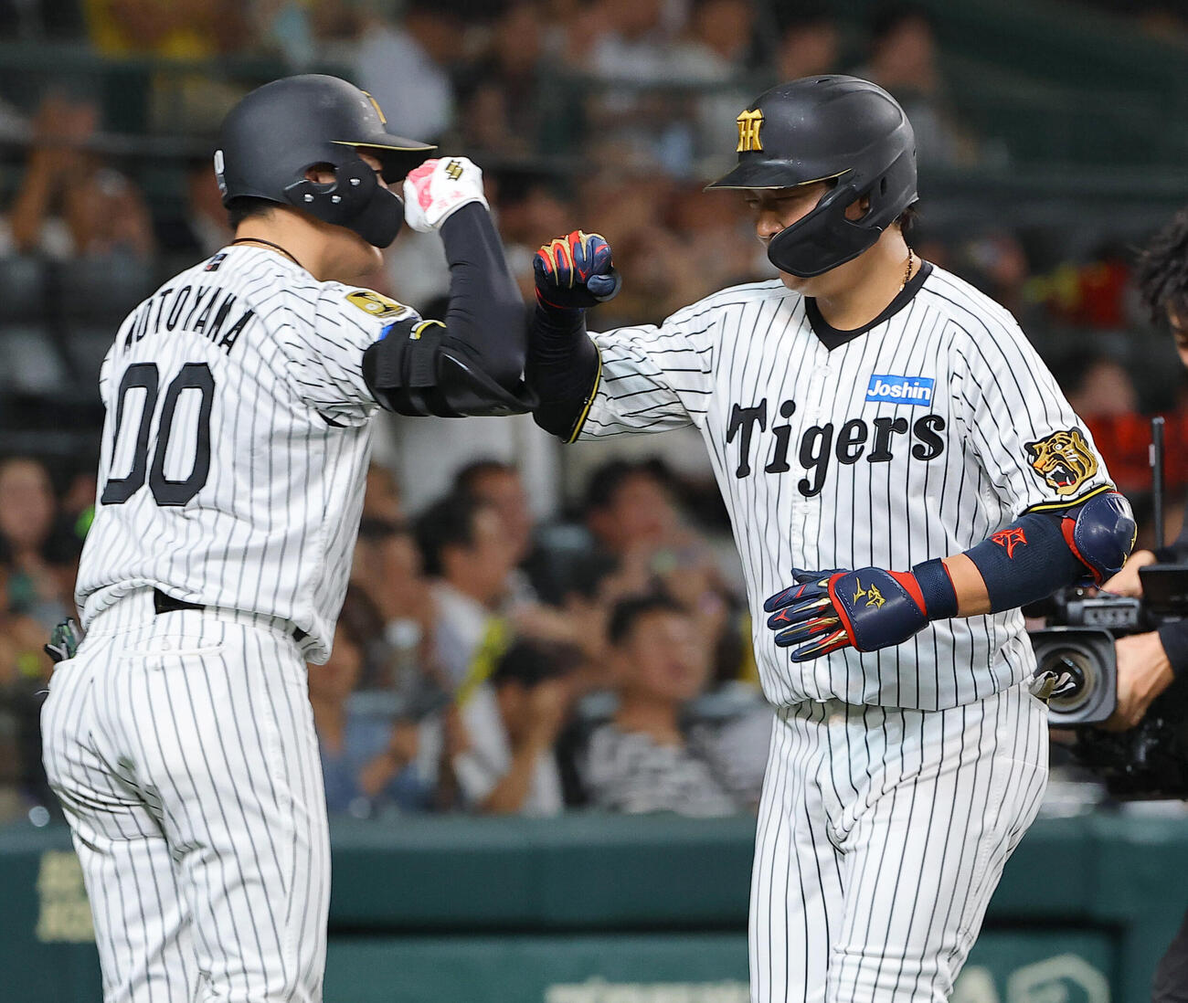 阪神対ヤクルト　2回裏阪神1死、先制本塁打を放った大山悠輔（右）は元山飛優の出迎えを受ける（撮影・上田博志）