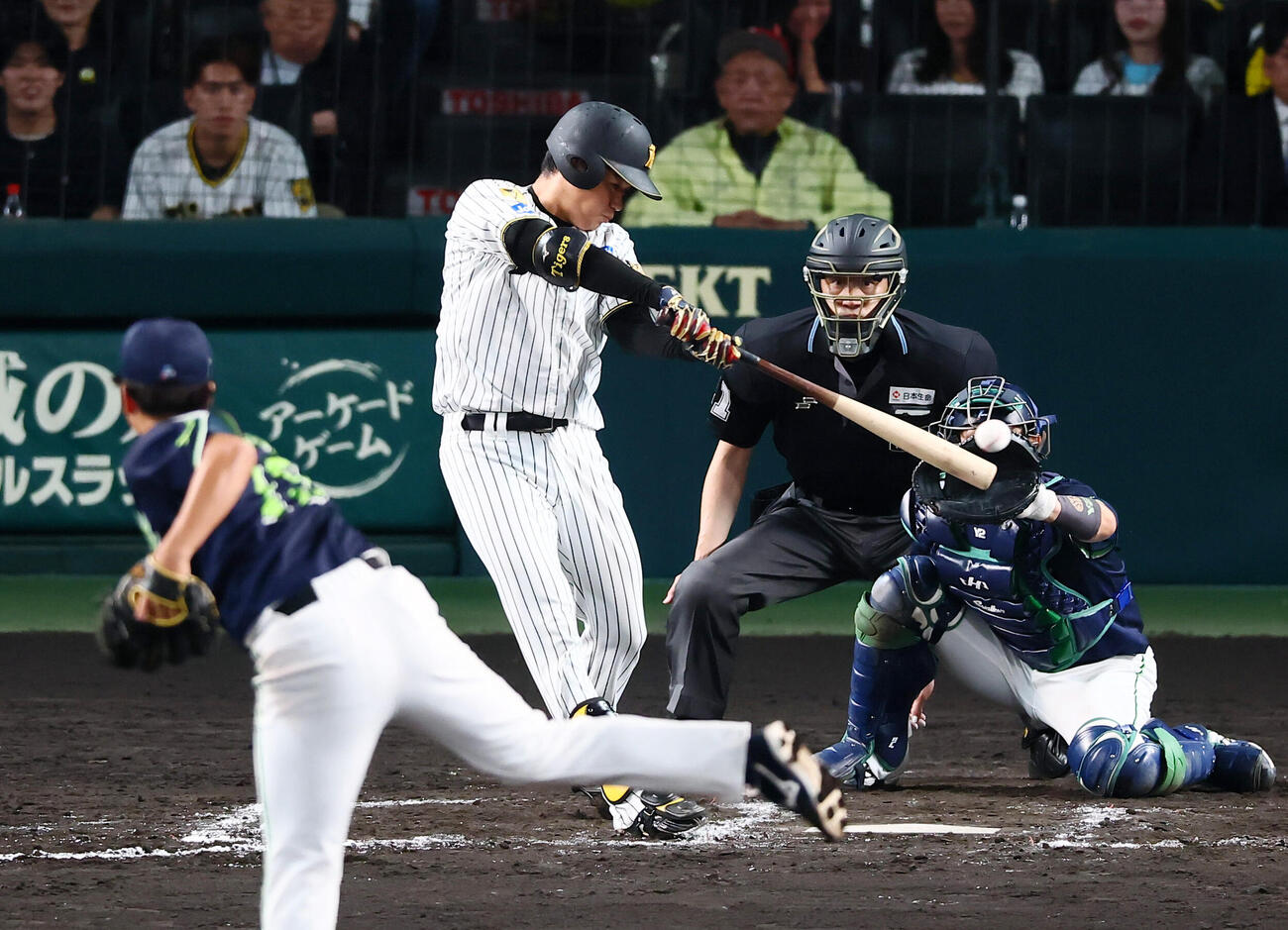 阪神対ヤクルト　7回裏阪神2死三塁、高橋遥人は左前適時打を放つ。投手中村優斗（撮影・加藤哉）