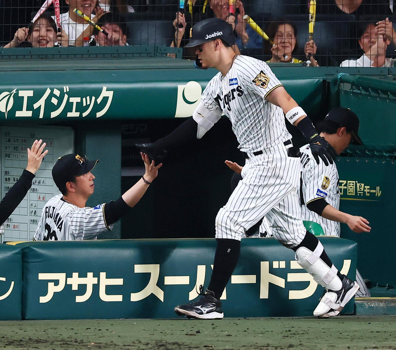 阪神対ヤクルト　8回裏阪神1死一塁、佐藤輝明は右越え2点本塁打を放ちベンチの藤川球児監督（左）とタッチする（撮影・加藤哉）