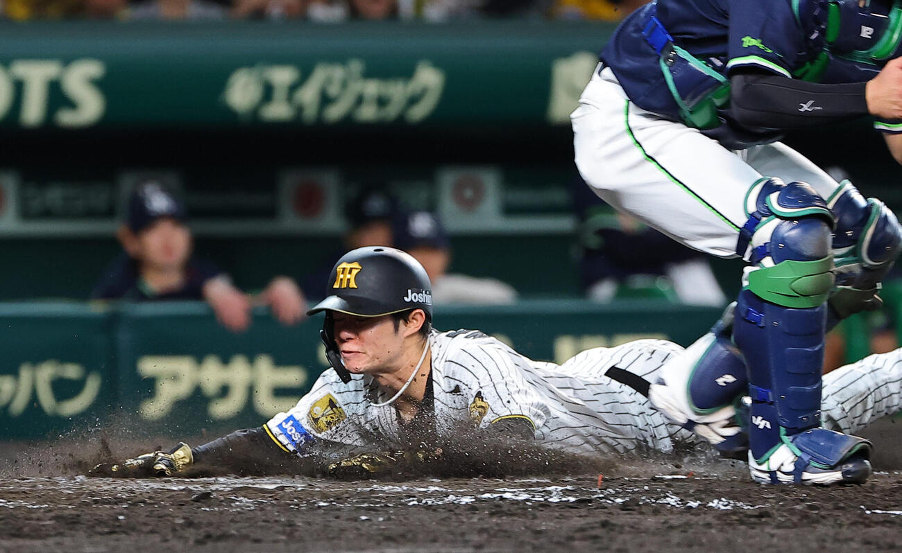 阪神対ヤクルト　3回裏阪神2死一塁、森下翔太の適時二塁打で生還する中野拓夢（撮影・上田博志）