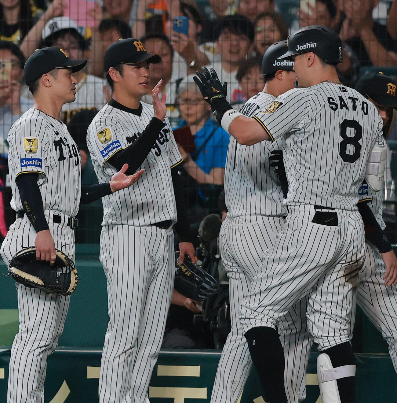 阪神対ヤクルト　8回裏阪神1死一塁、高橋遥人（中央）2点本塁打を放った佐藤輝明（右）を出迎える（撮影・上山淳一）