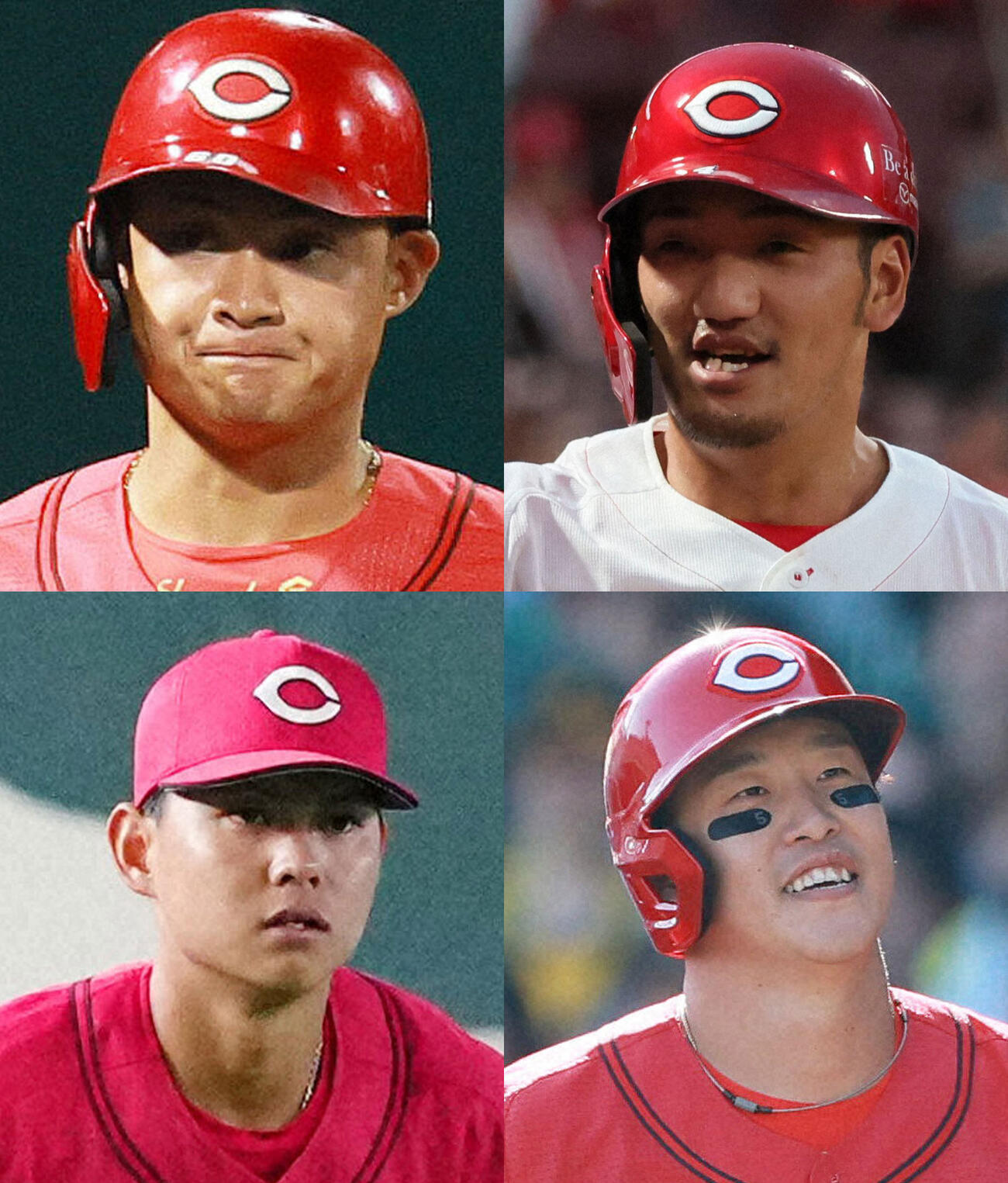 広島を戦力外となった右上から時計回りに矢野雅哉、小園海斗、前川誠太、田村俊介