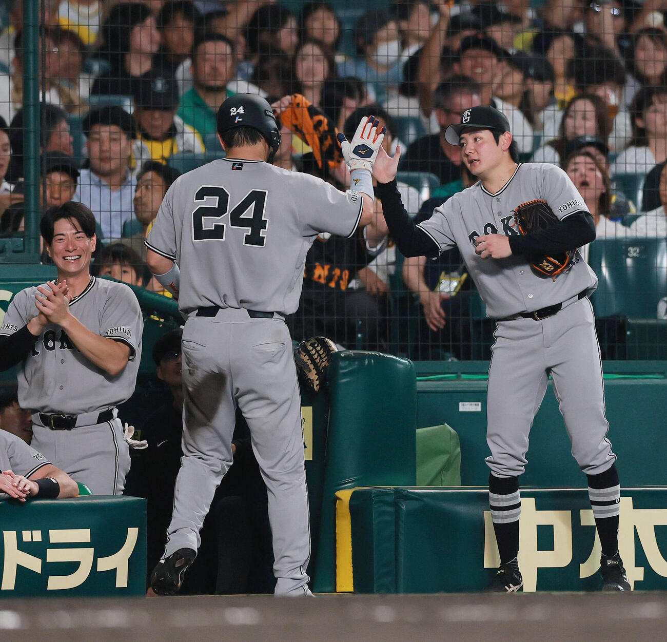 阪神対巨人　4回表巨人1死一、二塁、吉川尚輝の適時打で生還した二走大城卓三（手前）を出迎える竹丸和幸（撮影・上山淳一）
