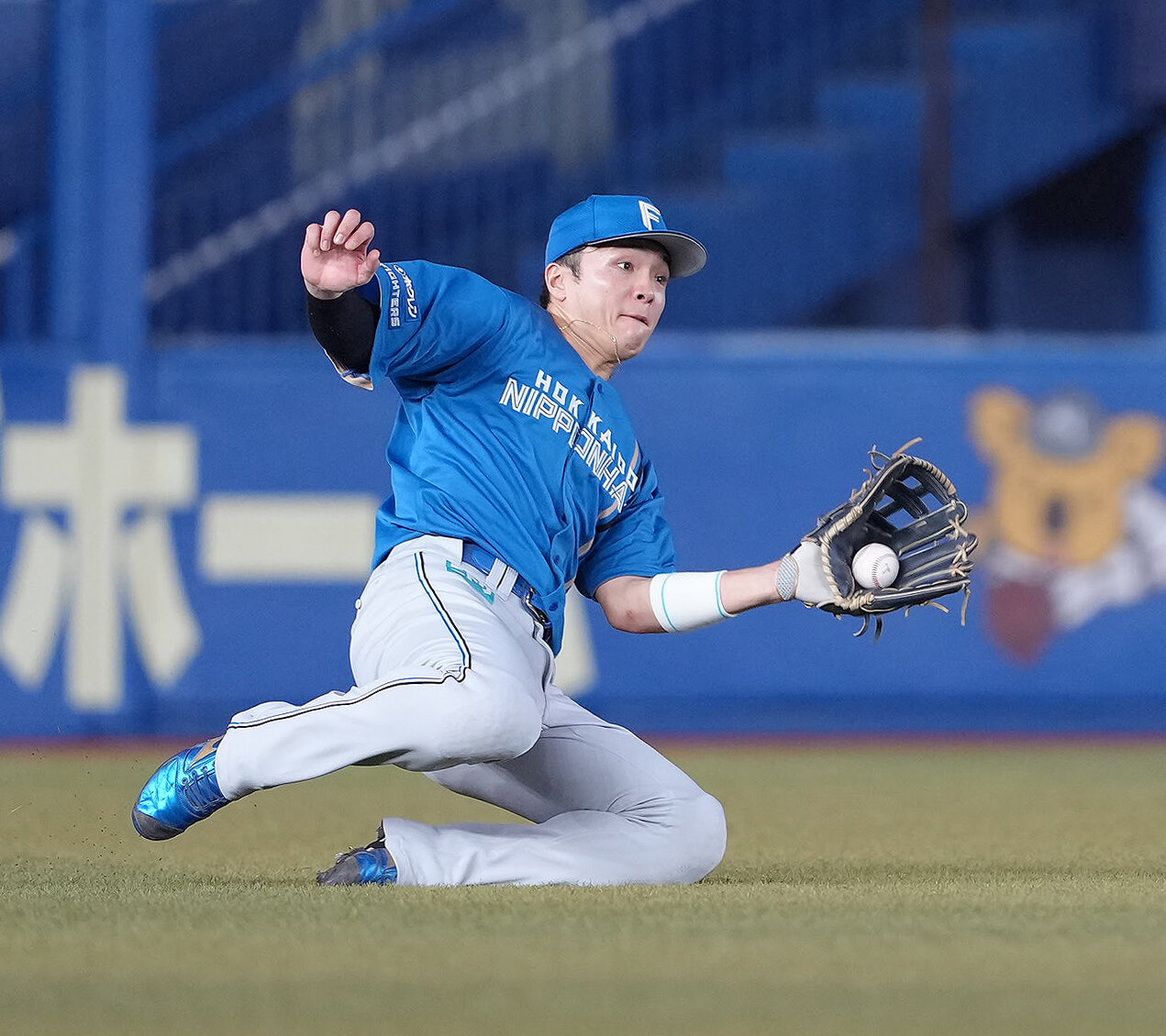 ロッテ対日本ハム　3回裏ロッテ1死一塁、山口航輝の打球を好捕する左翼手郡司裕也（撮影・足立雅史）