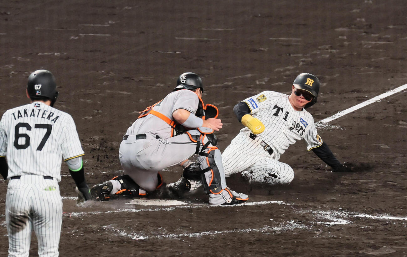 阪神対巨人　3回裏阪神1死二、三塁、森下翔太は大山悠輔の左飛で生還を狙うがタッチアウト（撮影・宮崎幸一）