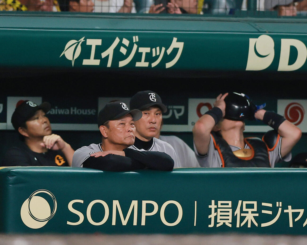 阪神対巨人　12回表に得点を奪えず考え込む橋上秀樹監督代行（手前）（撮影・上山淳一）