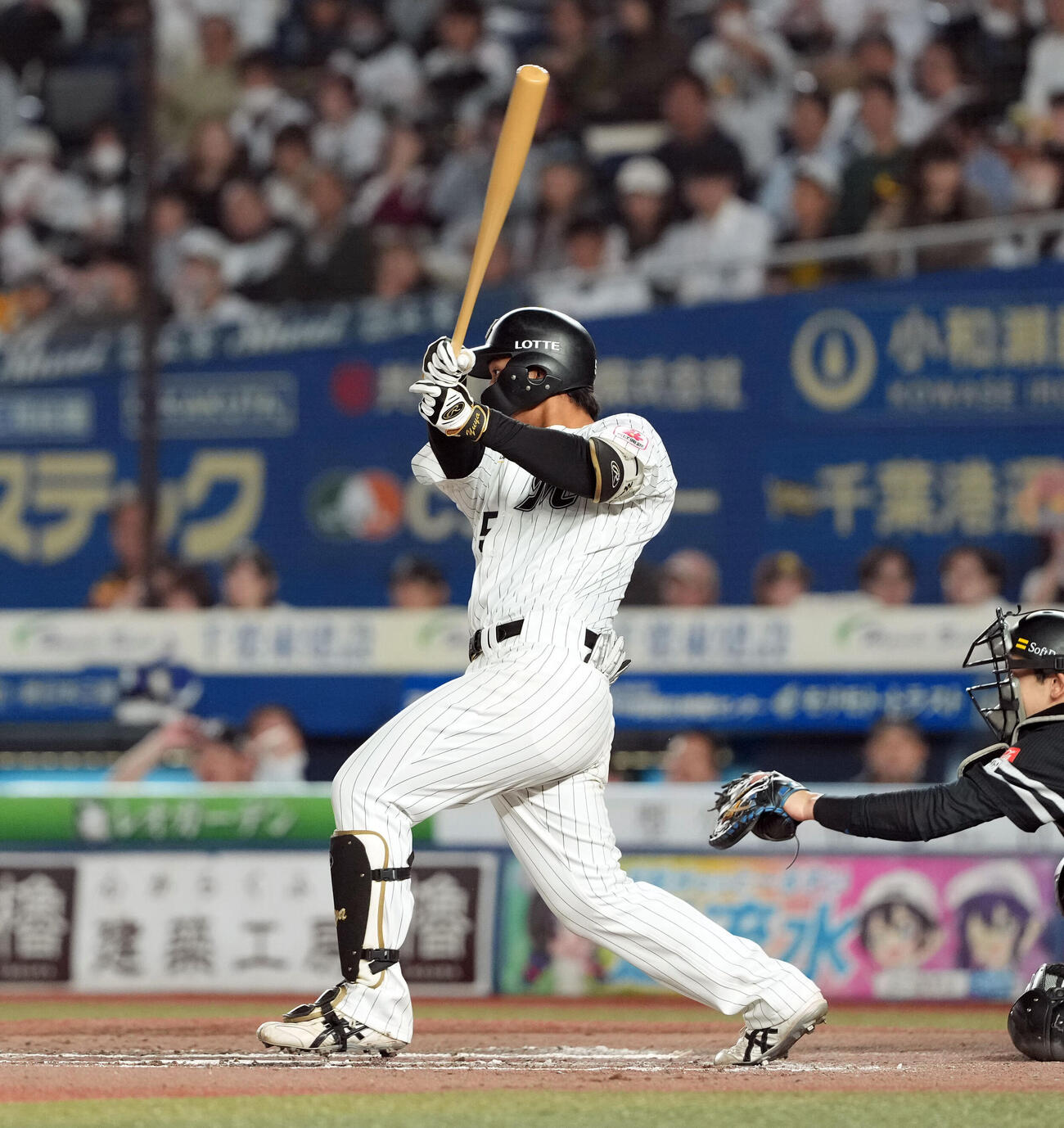 ロッテ対ソフトバンク　7回裏ロッテ2死、中前にプロ初安打を放つ桜井ユウヤ（撮影・たえ見朱実）
