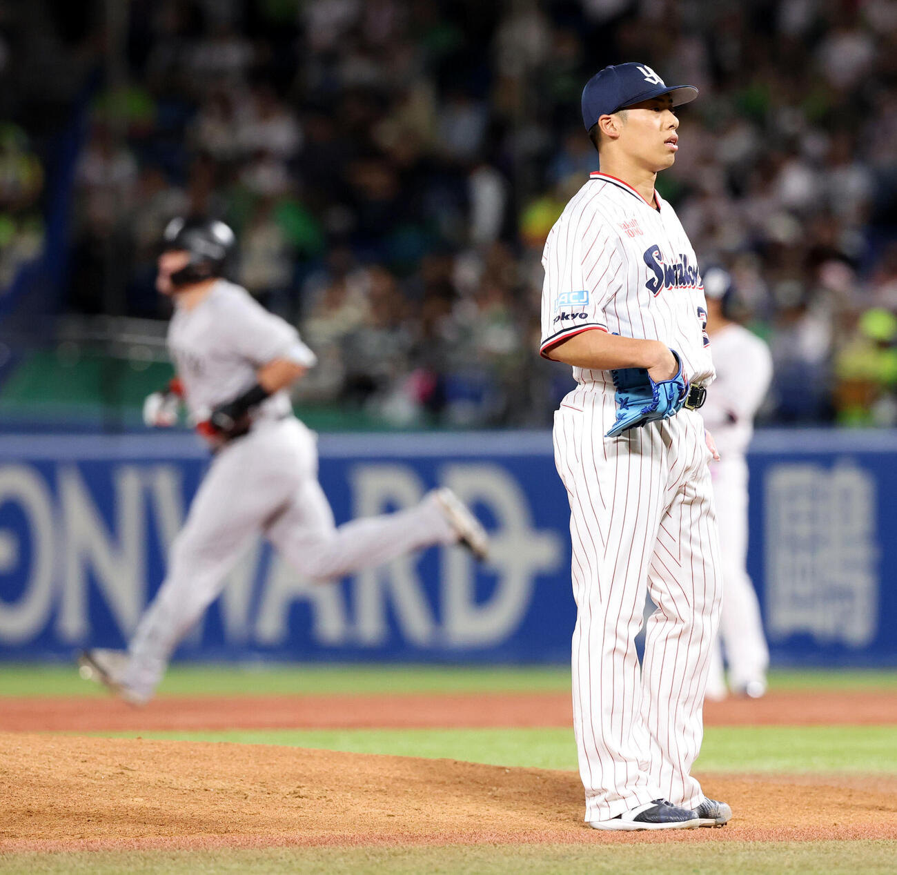 ヤクルト対巨人　2回表巨人1死、砂川リチャードに（後方）にソロ本塁打を浴びた山野太一（撮影・浅見桂子）