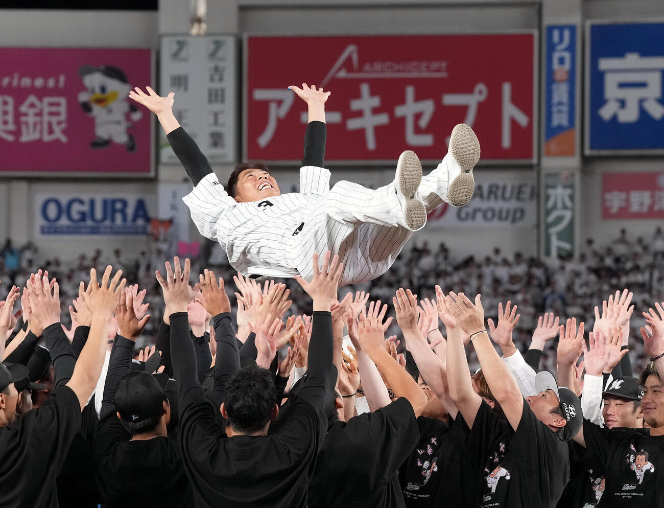 ナインから胴上げされるロッテ角中勝也（撮影・たえ見朱実）