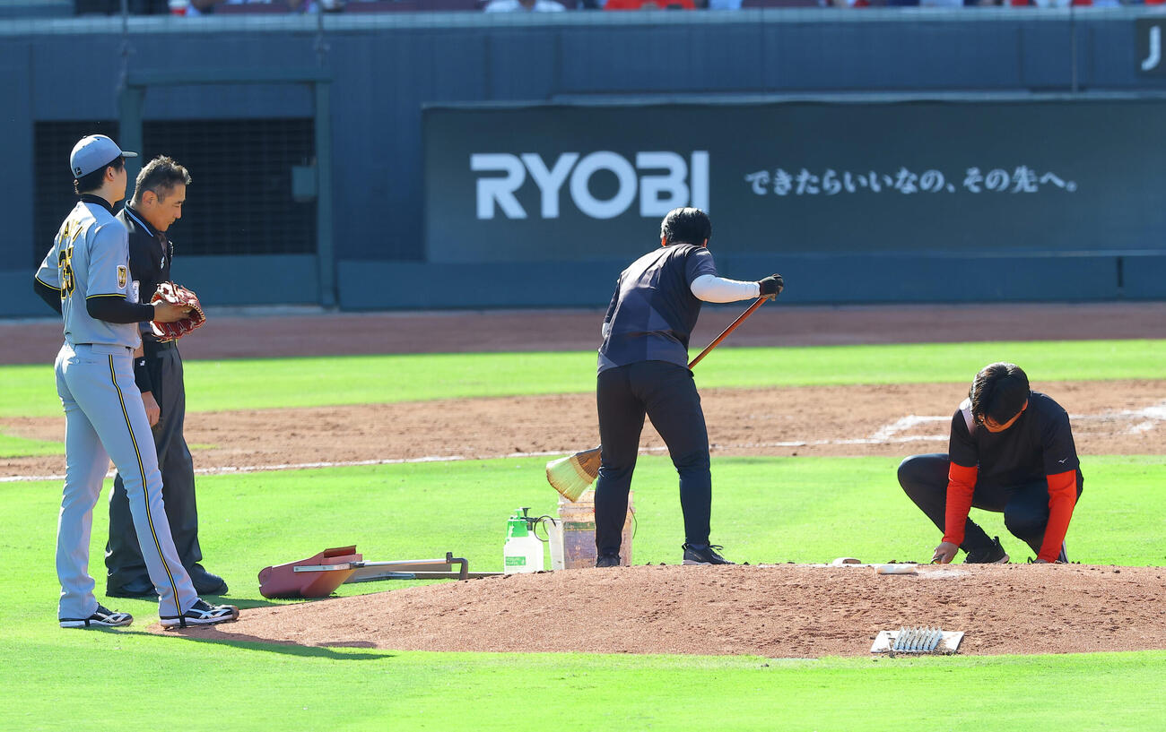 広島対阪神　3回、マウンドを調整するスタッフ（撮影・上田博志）