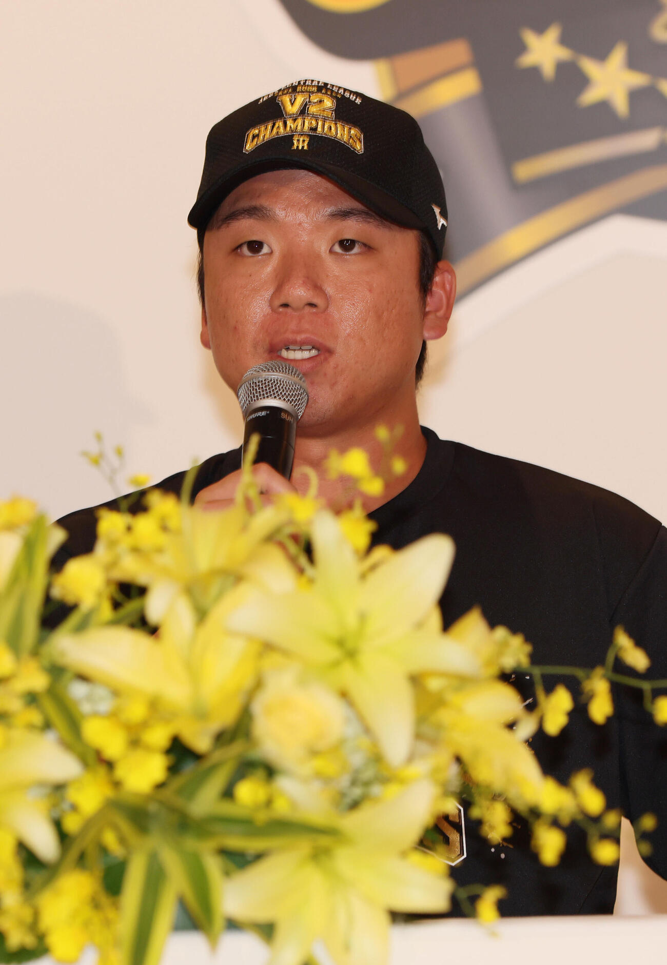 セリーグ優勝を決め会見する阪神村上頌樹（撮影・加藤孝規）