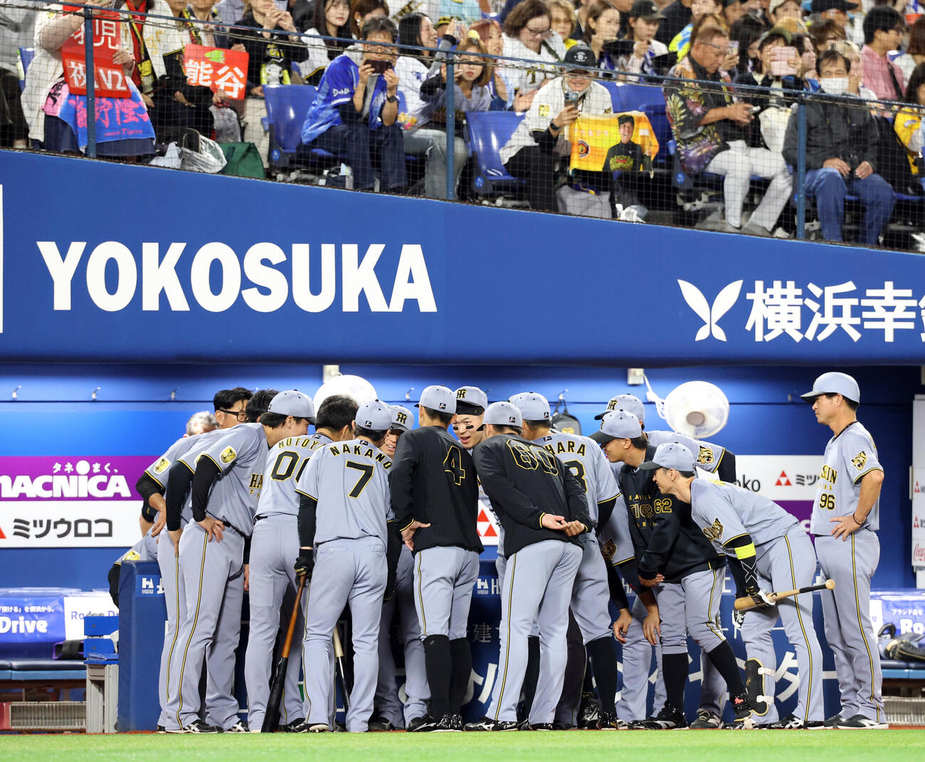 DeNA対阪神　阪神の試合前円陣で笑顔の佐藤輝明（中央）（撮影・浅見桂子）