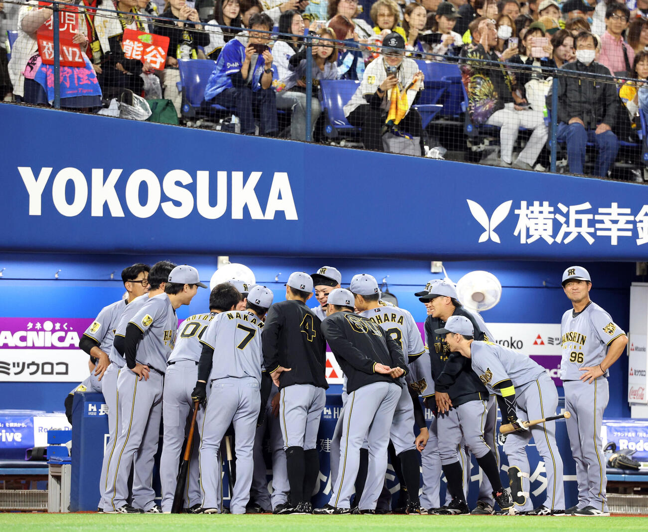 DeNA対阪神　阪神の試合前円陣で笑顔の佐藤輝明（中央）（撮影・浅見桂子）