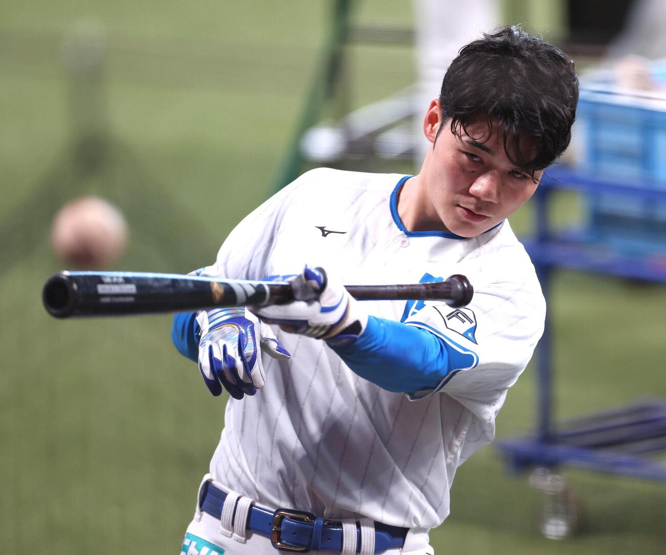 ティー打撃する日本ハム清宮幸太郎（撮影・黒川智章）