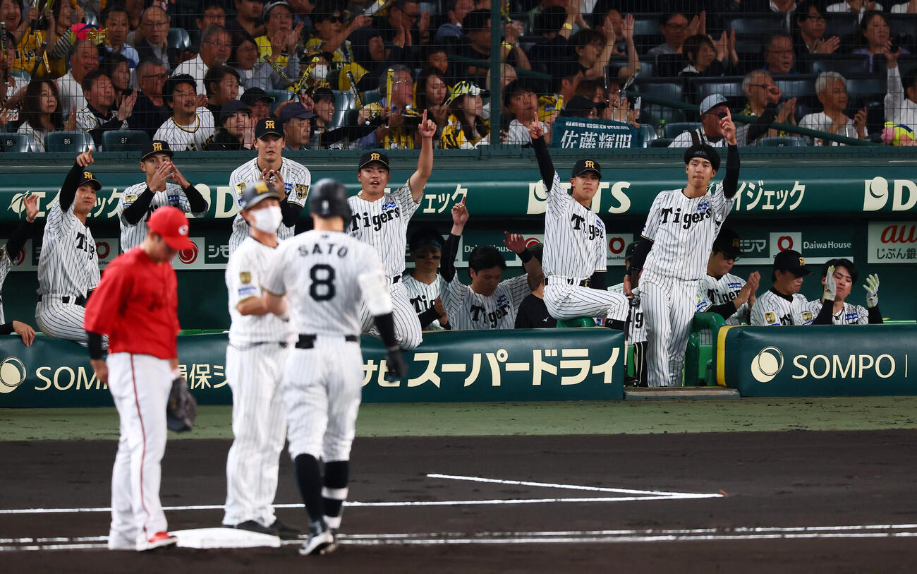 阪神対広島　1回裏阪神2死二塁、佐藤輝明の先制中前適時打に喜ぶベンチのナイン（撮影・加藤哉）