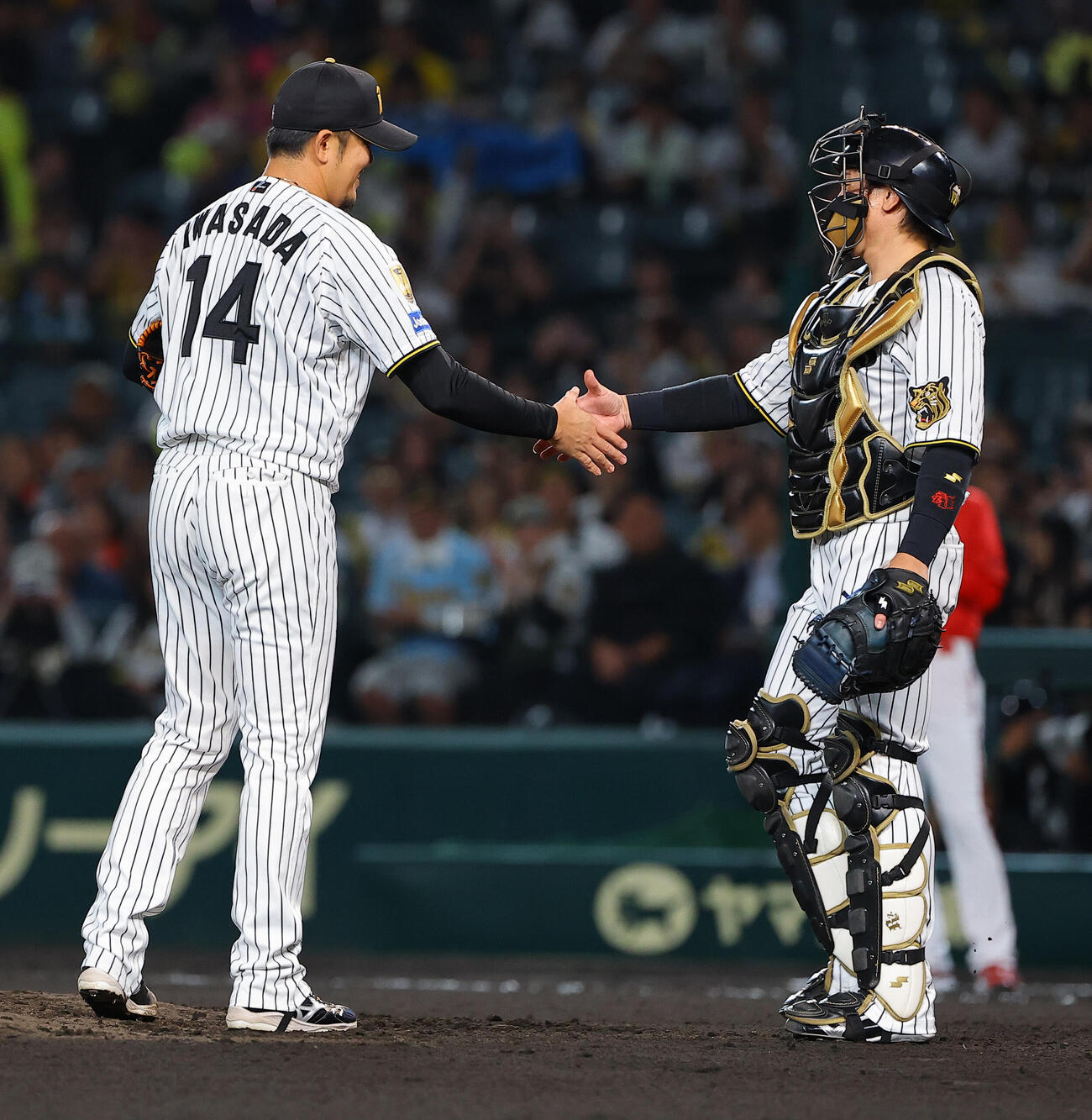 阪神対広島　登板を終えた岩貞祐太（左）は梅野隆太郎と握手を交わす（撮影・上田博志）