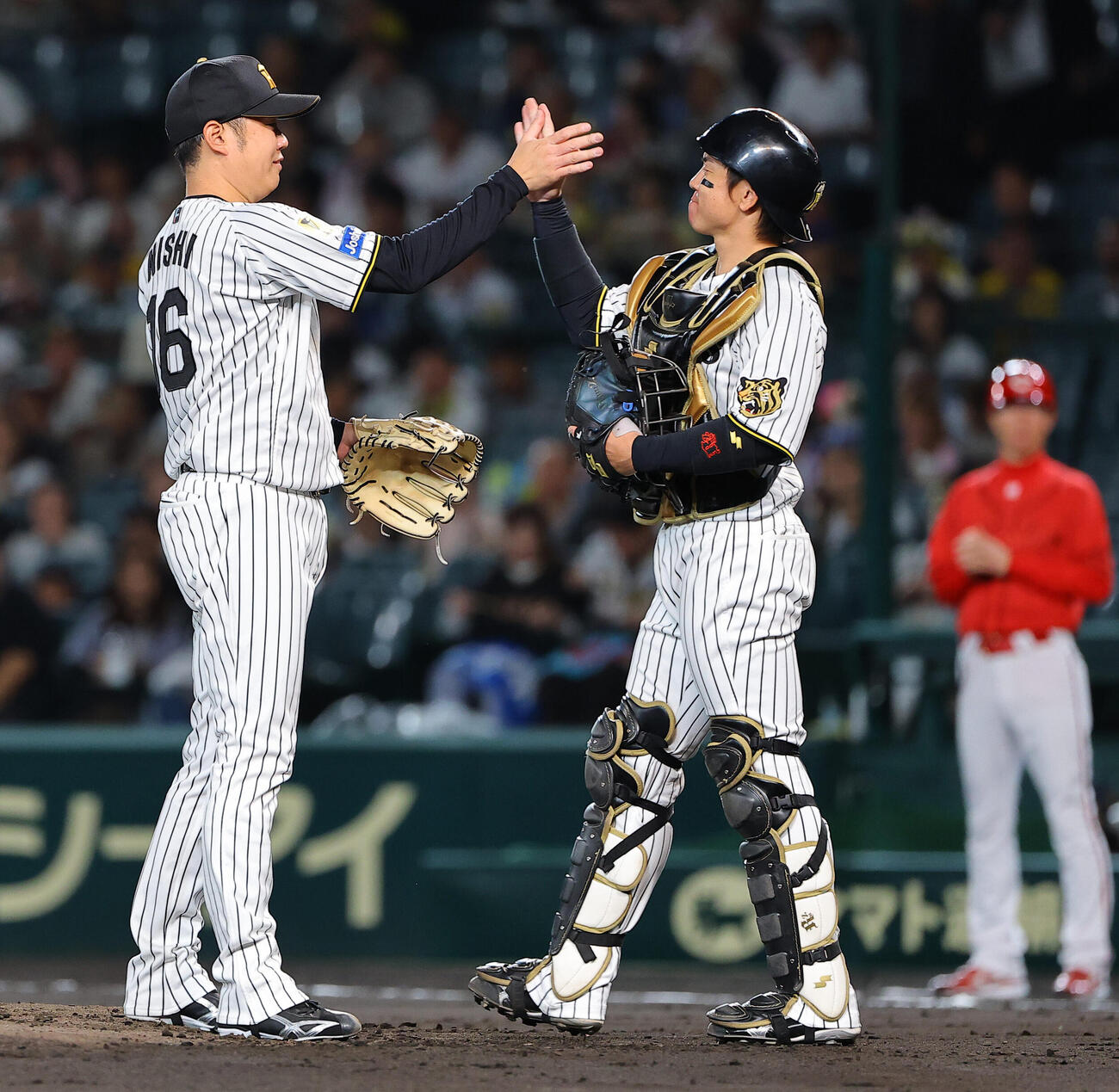 阪神対広島　引退試合の登板を終えた西勇輝（左）は梅野隆太郎とハイタッチをする（撮影・上田博志）