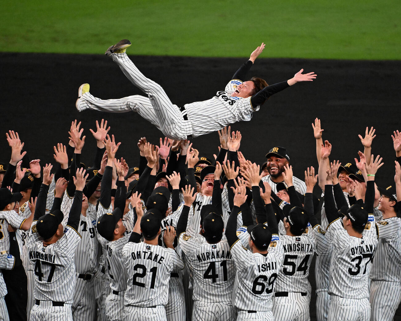 引退セレモニーで胴上げされる西勇輝（撮影・石井愛子）