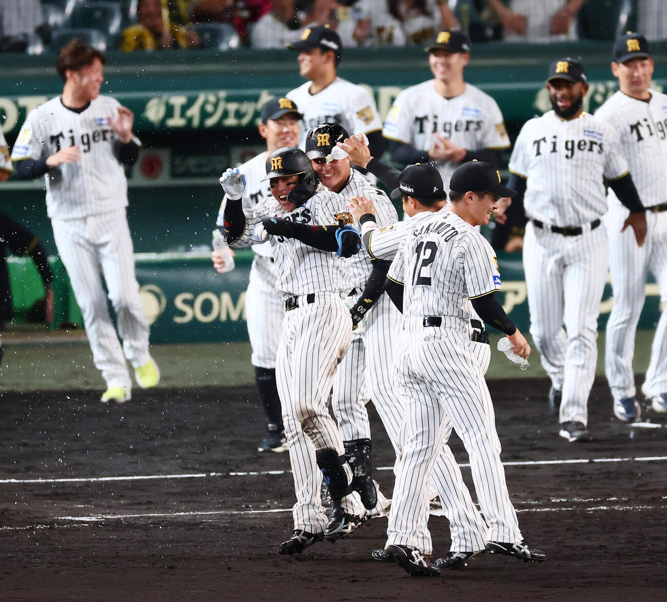 阪神対広島　11回裏阪神1死二、三塁、梅野隆太郎はサヨナラ適時内野安打を放ちナインから水を掛けられる（撮影・加藤哉）