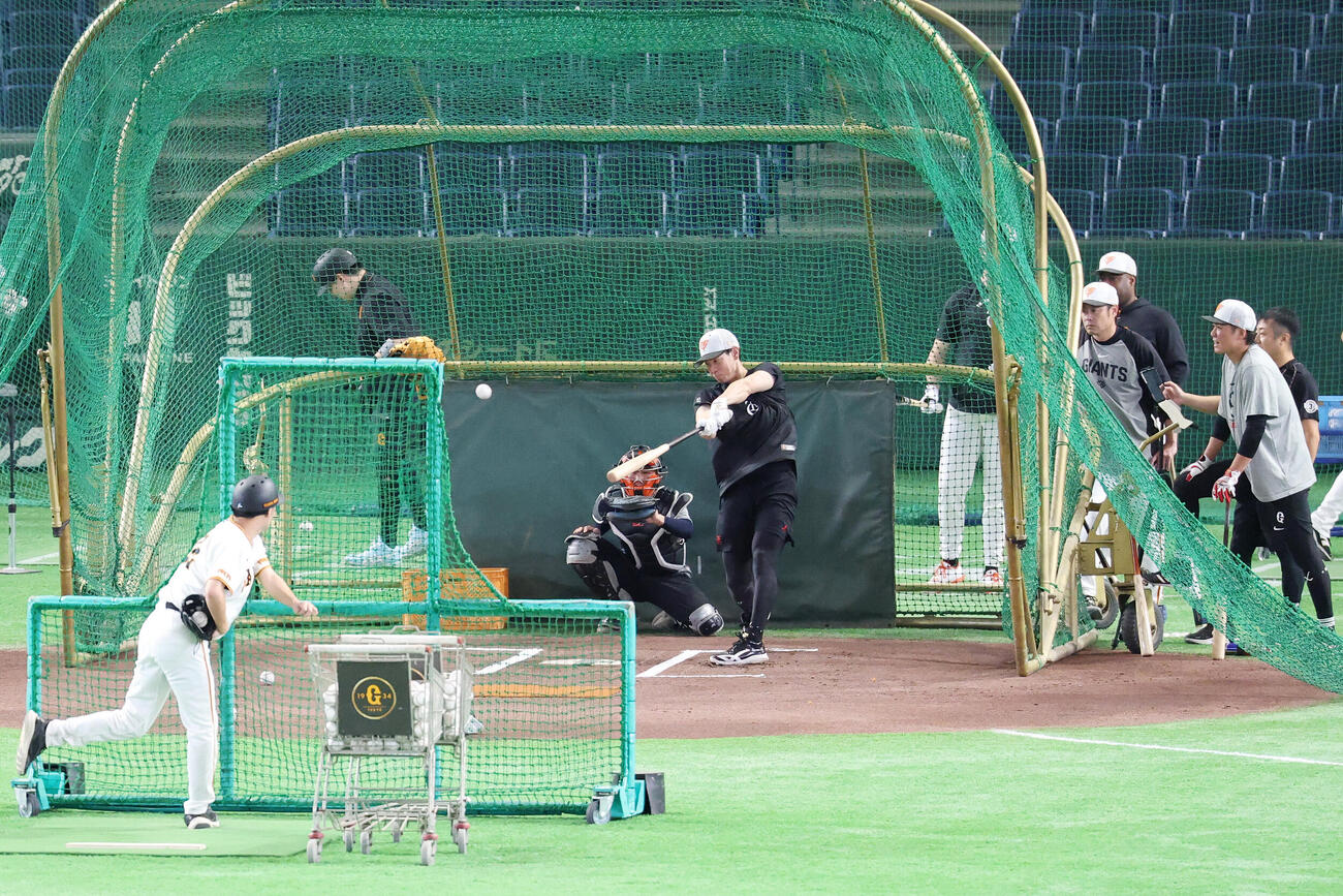 打撃練習する巨人松本剛（撮影・宮地輝）