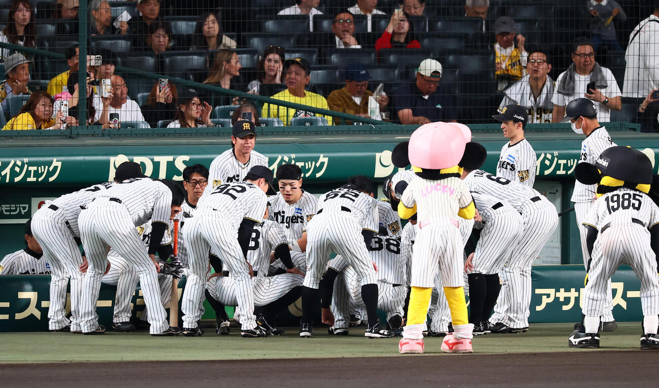 阪神対ヤクルト　試合前の円陣を組む阪神ナイン（撮影・加藤哉）