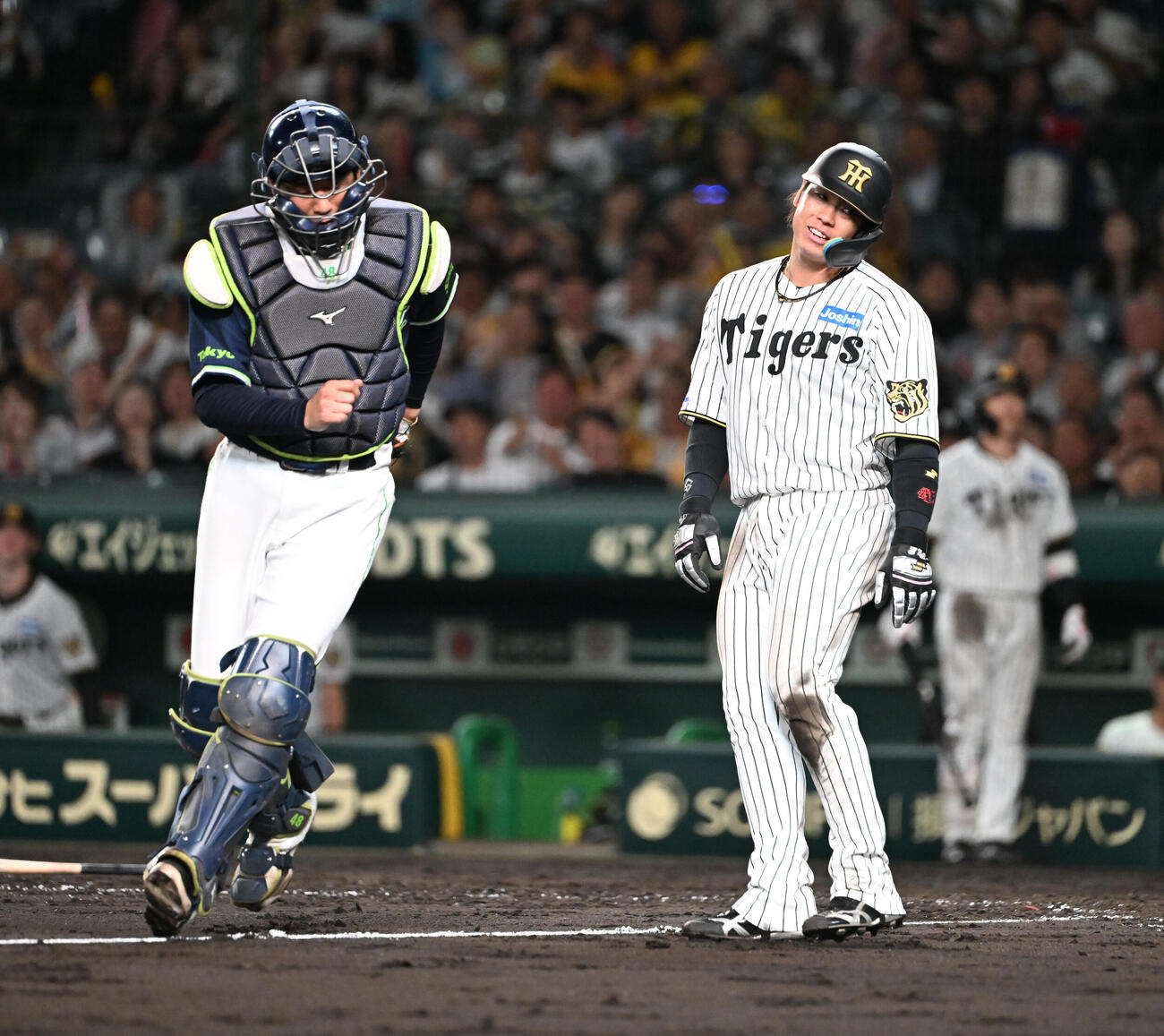 阪神対ヤクルト　5回裏阪神2死二塁、近本の右安打で三塁をまわった梅野隆太郎だがタッチアウト（撮影・和賀正仁）