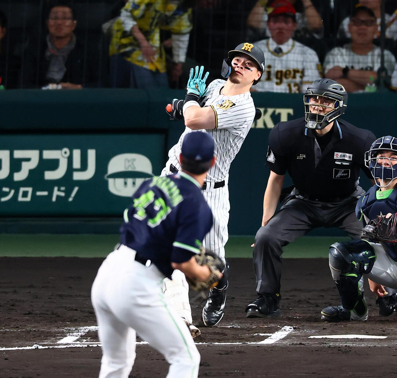 阪神対ヤクルト　6回裏阪神無死、佐藤輝明は右飛を打ち上げる。投手高橋奎二（撮影・加藤哉）