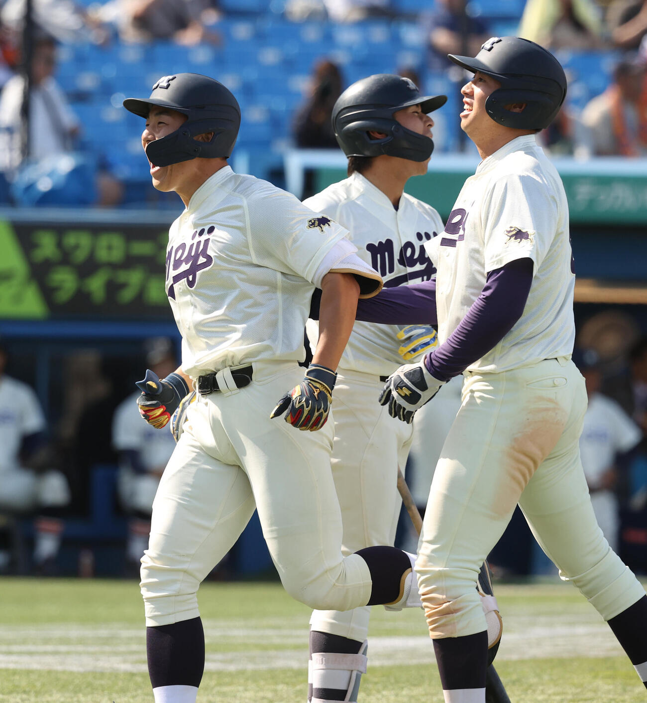 法大対明大　7回裏明大1死一、三塁、若狭遼之助（左）は本塁打を放ちナインの出迎えを受ける（撮影・柴田隆二）