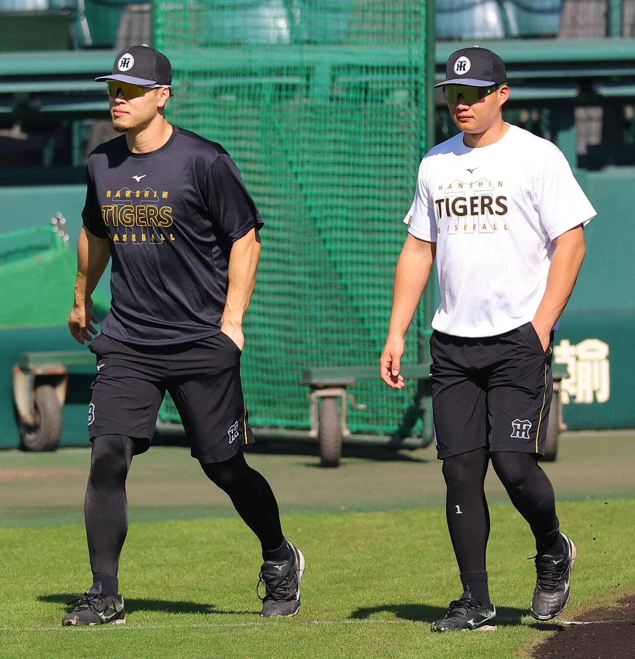 甲子園球場のグラウンドに入る佐藤輝明（左）と森下翔太（撮影・上田博志）