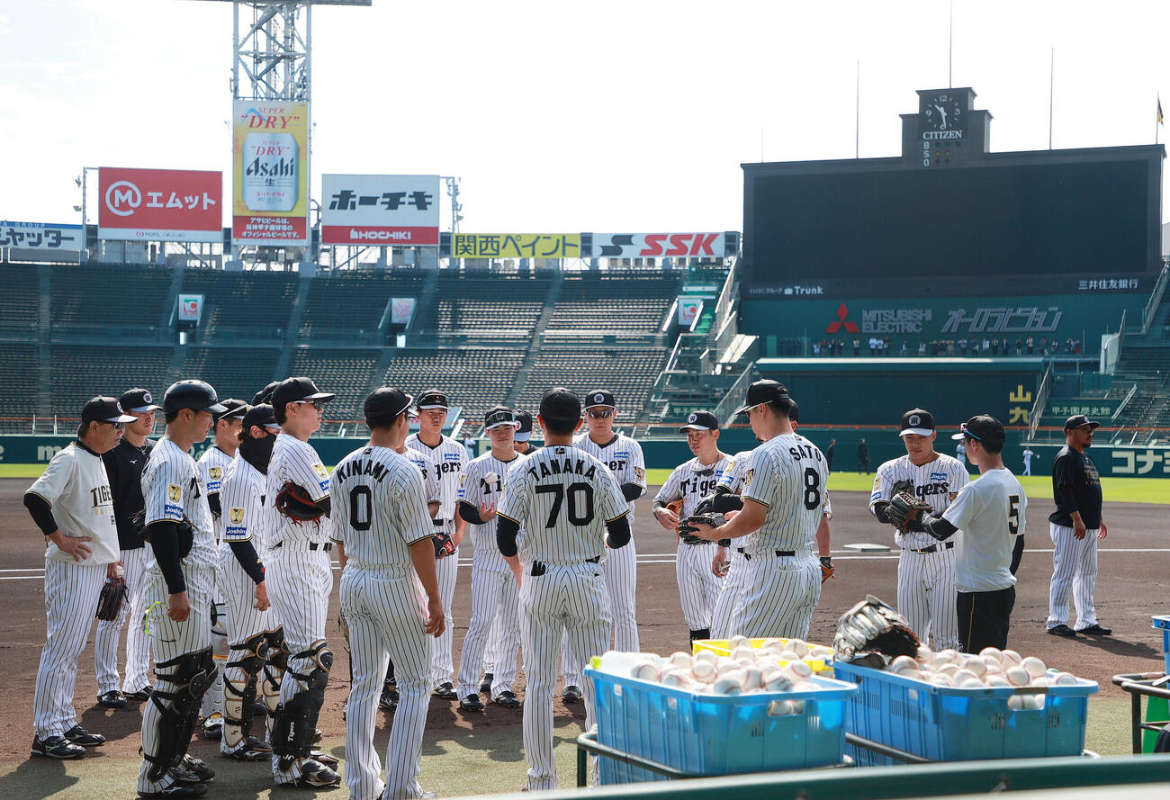 ベンチ前で円陣を組む阪神野手陣（撮影・上山淳一）