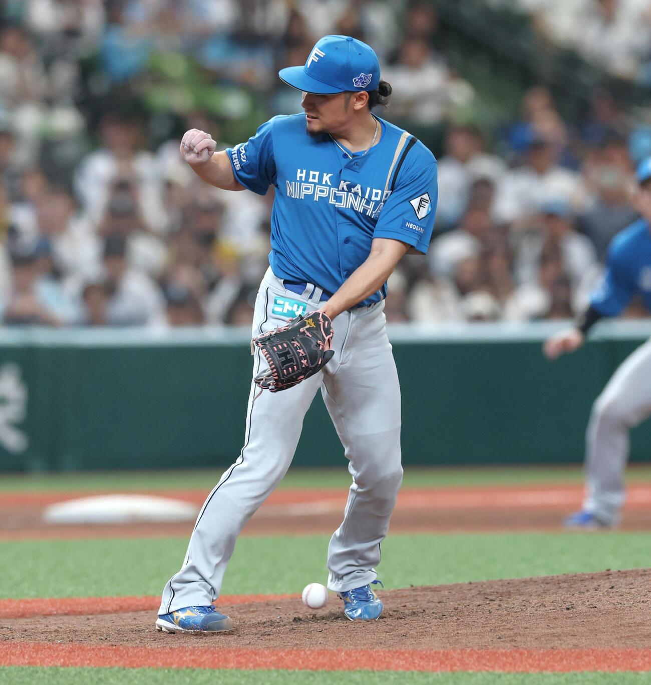 西武対日本ハム　5回裏西武無死一、二塁、平沢大河の打球が左足首ふきんに当たる伊藤大海（撮影・黒川智章）